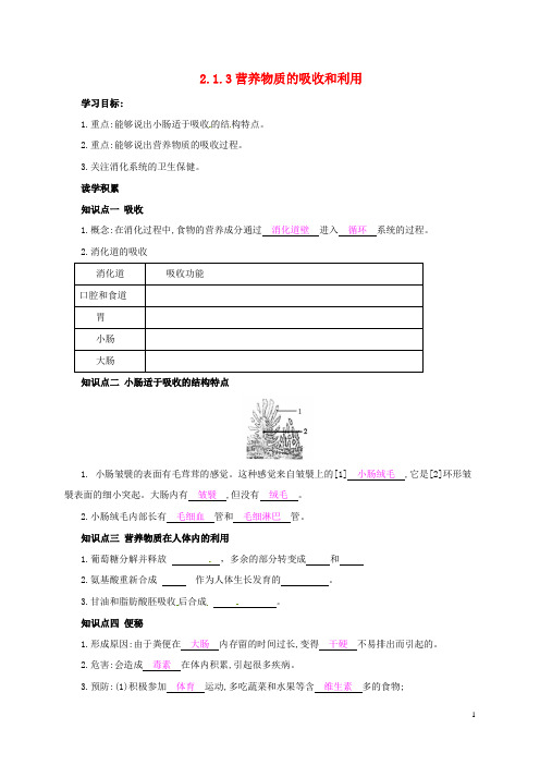 七年级生物下册2.1.3营养物质的吸收和利用学案冀教版