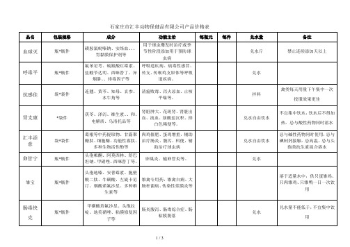 石家庄市汇丰动物保健品有限公司产品价格表