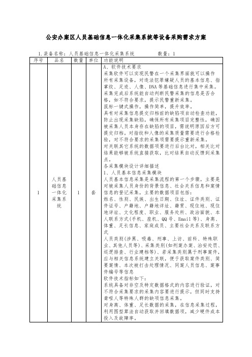 公安办案区人员基础信息一体化采集系统等设备采购需求方案