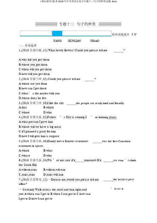 (课标通用)XX省2019年中考英语总复习专题十二句子的类型试题.docx