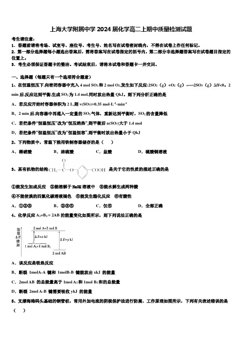 上海大学附属中学2024届化学高二上期中质量检测试题含解析