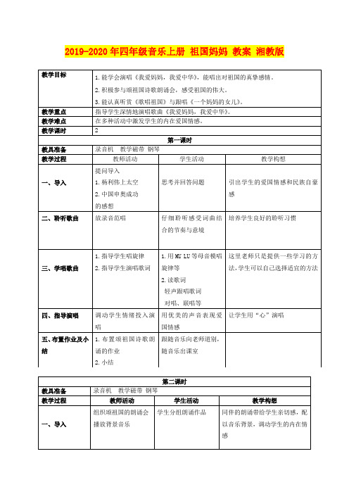 2019-2020年四年级音乐上册 祖国妈妈 教案 湘教版