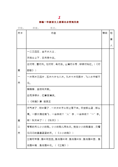 部编版小学1-6年级语文上册课文背诵闯关表