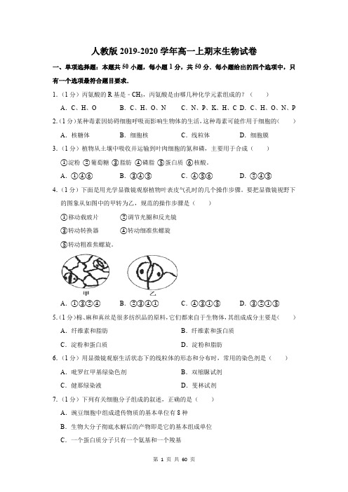 人教版2019-2020学年高一上期末生物试卷及答案解析