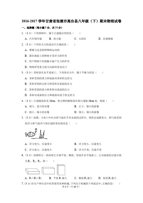 2016-2017学年甘肃省张掖市高台县八年级(下)期末物理试卷(解析版)
