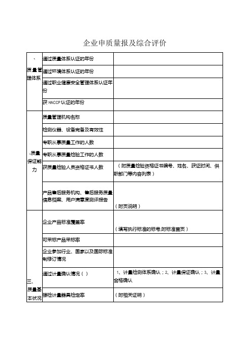 企业申质量报及综合评价表