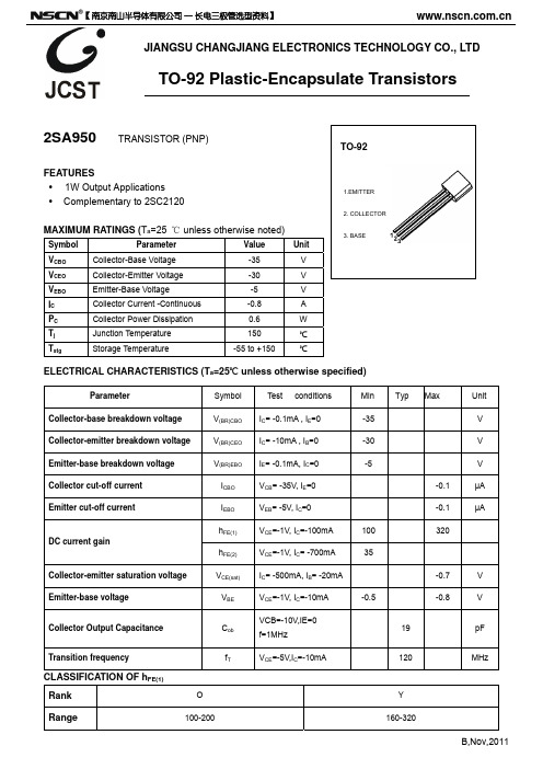 2SA950三极管参数 TO-92三极管2SA950规格书