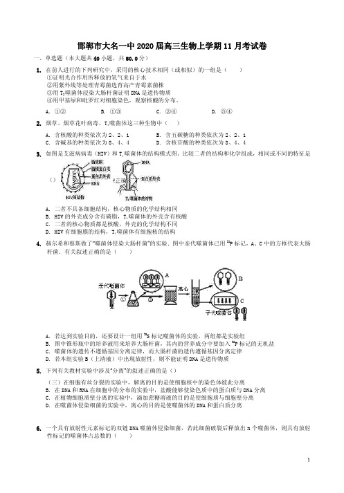 邯郸市大名一中2020届高三生物上学期11月考试卷及答案解析