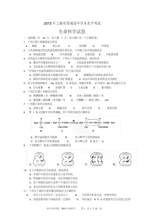 2017上海高中生物学业水平考试真题及答案