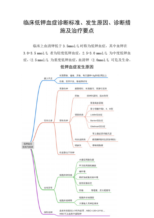 临床低钾血症诊断标准、发生原因、诊断措施及治疗要点