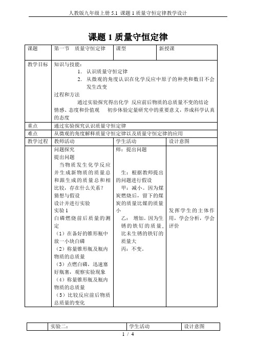 人教版九年级上册5.1 课题1质量守恒定律教学设计