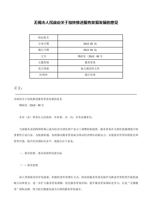 无锡市人民政府关于加快推进服务贸易发展的意见-锡政发〔2015〕93号