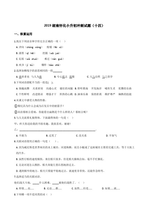 六年级下册语文试题 - 2019湖南怀化小升初冲刺试题(十四) 人教新课标 含答案