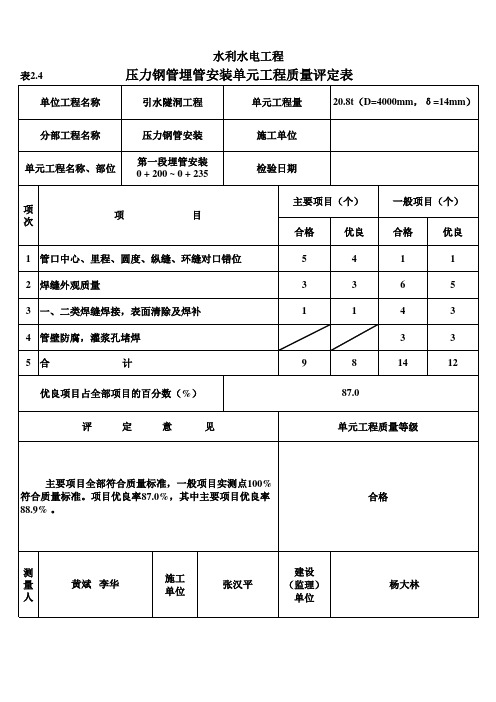 表2.4 压力钢管埋管安装单元工程质量评定表(例表)