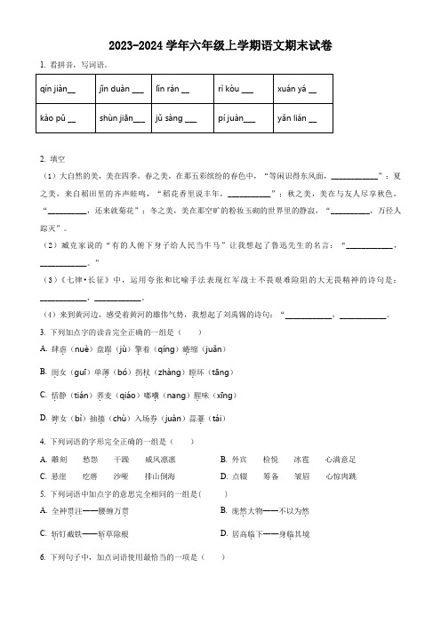 2023-2024学年部编版语文六年级上学期《期末测试卷》含答案解析