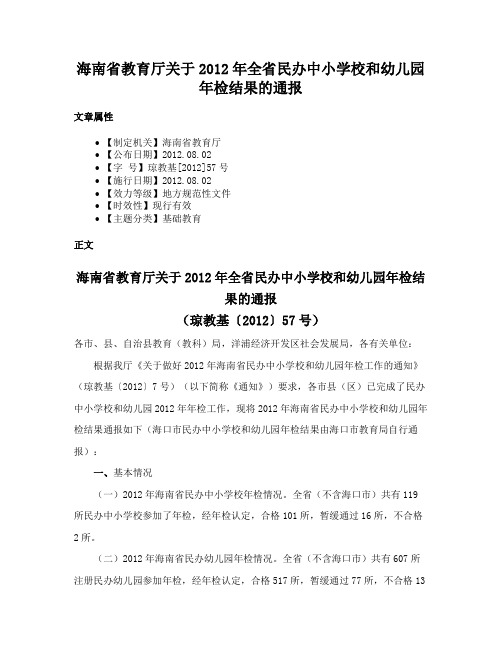 海南省教育厅关于2012年全省民办中小学校和幼儿园年检结果的通报