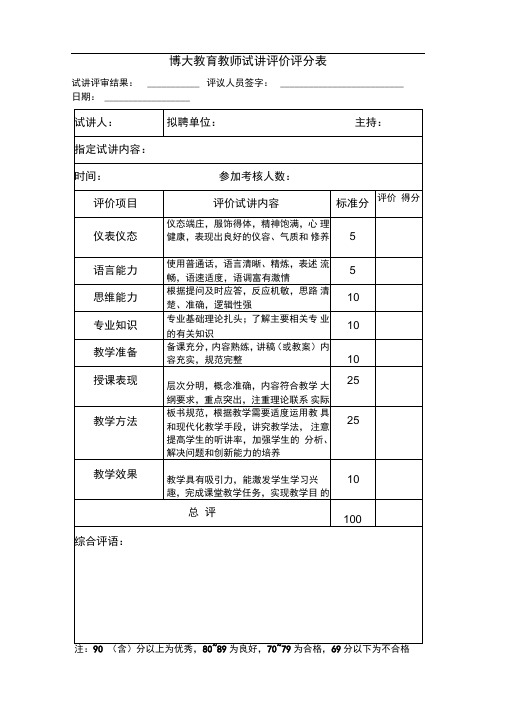 教师试讲评价评分表