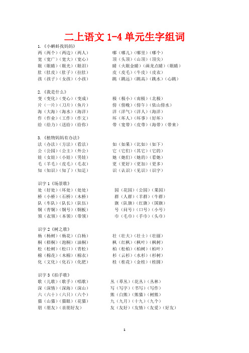 部编版二上语文期中考试1-4单元生字组词汇总同音字汇总形似字汇总