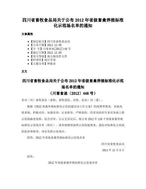 四川省畜牧食品局关于公布2012年省级畜禽养殖标准化示范场名单的通知