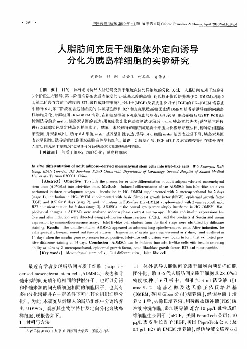 人脂肪间充质干细胞体外定向诱导分化为胰岛样细胞的实验研究