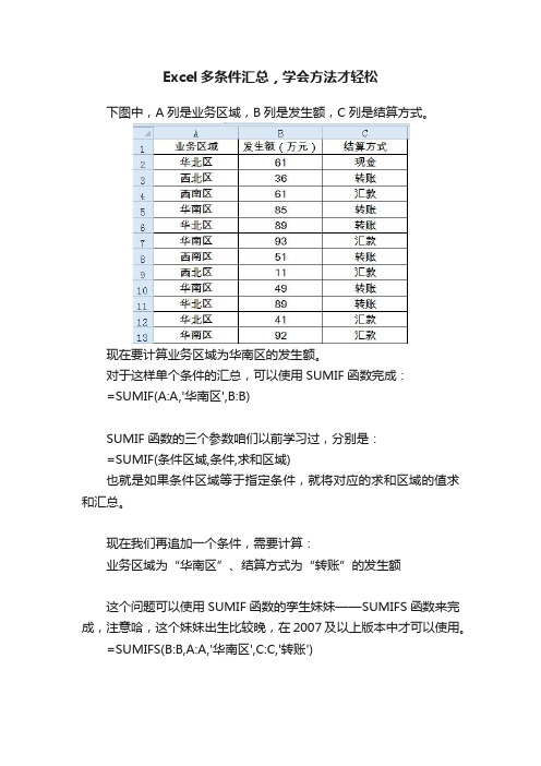 Excel多条件汇总，学会方法才轻松