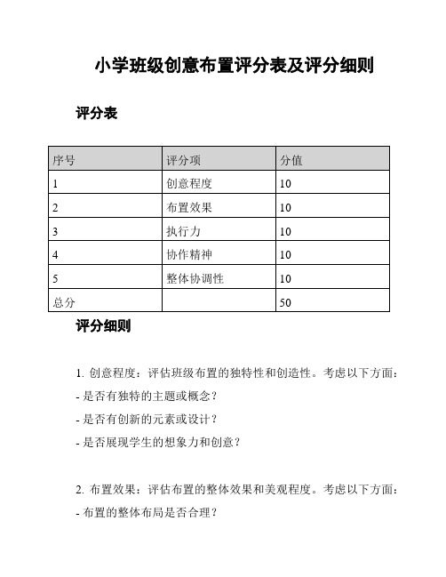 小学班级创意布置评分表及评分细则