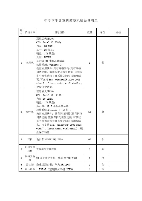 中学学生计算机教室机房设备清单