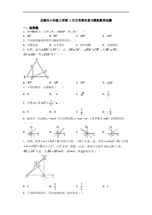 无锡市八年级上学期 1月月考期末复习模拟数学试题