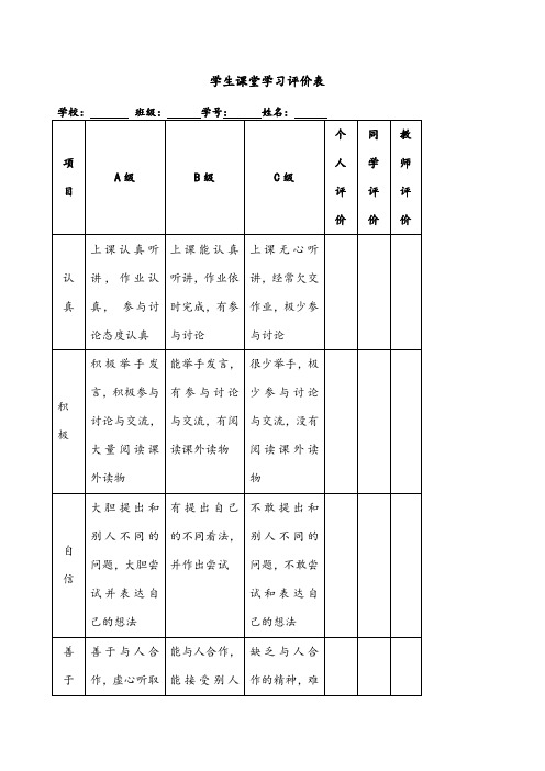 学生课堂学习评价表