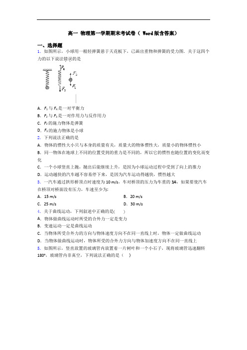 高一 物理第一学期期末考试卷( Word版含答案)