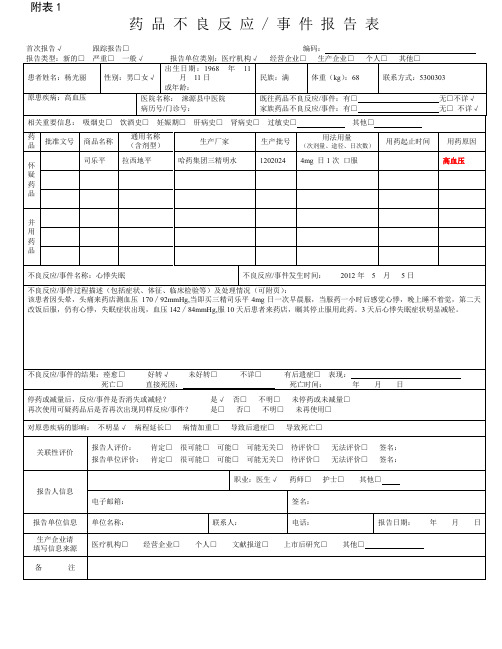 药品不良反应报告表范本