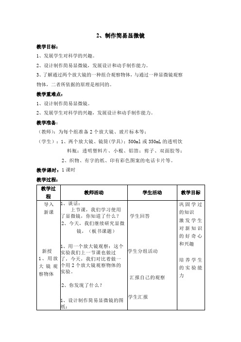 六年级下册科学优秀教案 制作简易显微镜 首师大版(含教学反思)