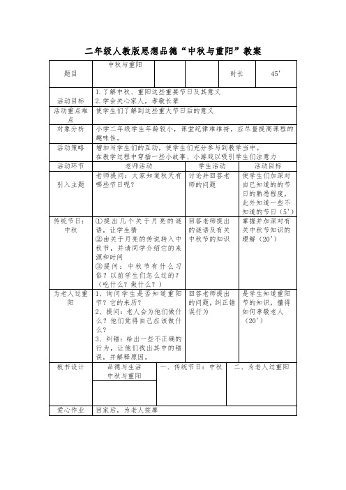 人教版二年级上《品德与生活》第二单元第8课《中秋与重阳》教案2