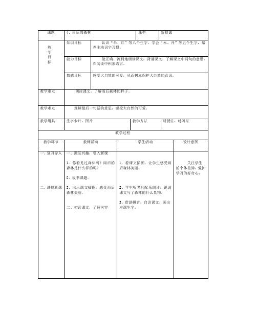 最新语文S版一年级语文上册4、雨后的森林教案(教学设计、说课稿)