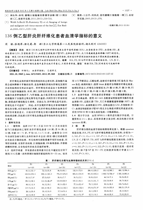 136例乙型肝炎肝纤维化患者血清学指标的意义