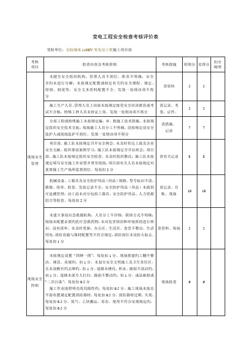 变电工程安全检查考核评价表