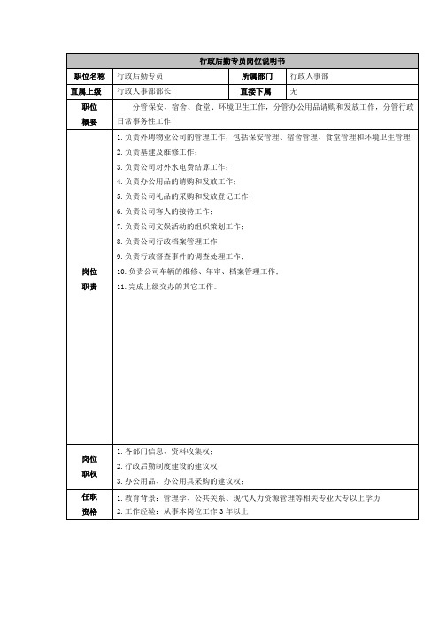 行政后勤专员岗位说明书