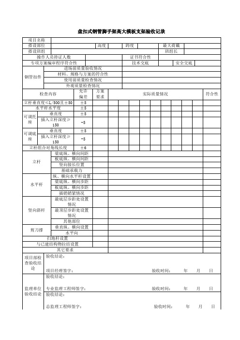 盘扣式钢管脚手架高大模板支架验收记录