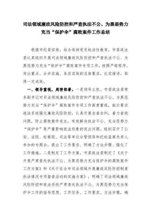 司法领域廉政风险防控和严查执法不公、为黑恶势力充当“保护伞”腐败案件工作总结