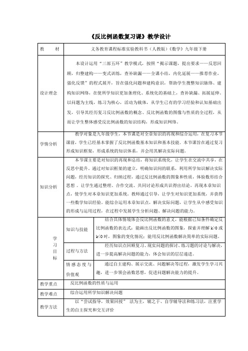 数学人教版九年级下册反比例函数中考复习课教学设计