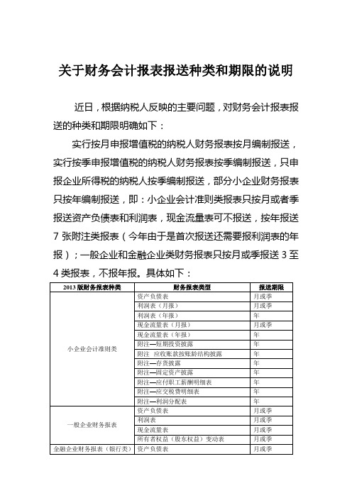 关于财务会计报表报送种类和期限的说明