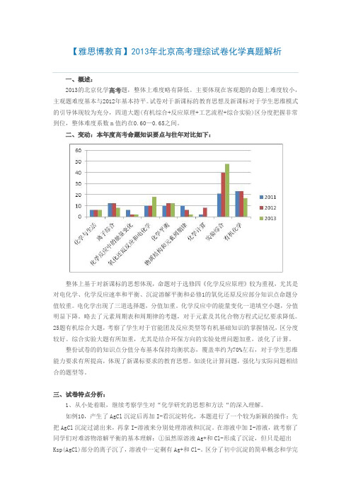 2013年北京高考理综试卷化学真题解析