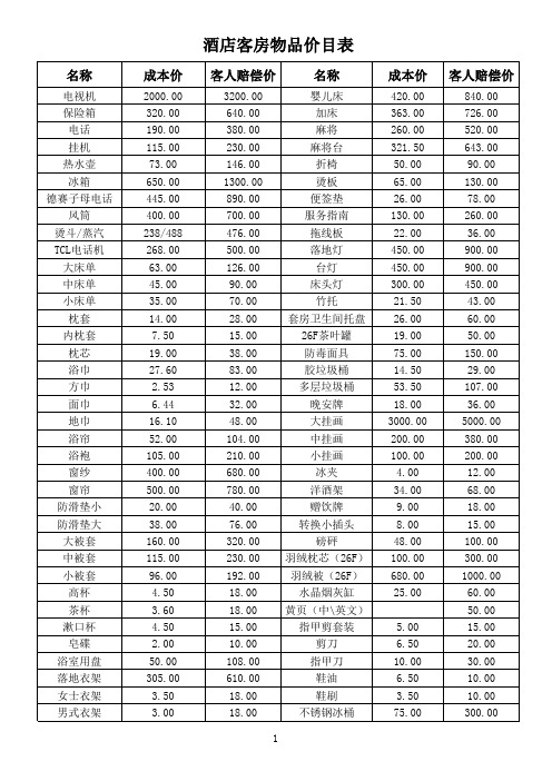 酒店客房物品价目表