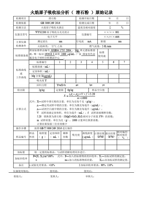 火焰原子吸收法分析( 滑石粉 )原始记录