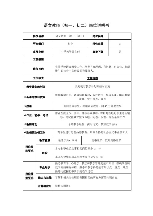 语文教师(初一、初二)岗位说明书