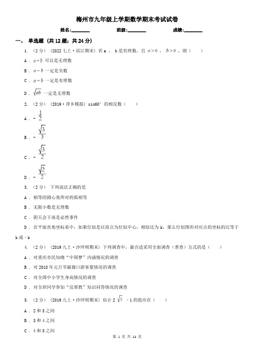 梅州市九年级上学期数学期末考试试卷