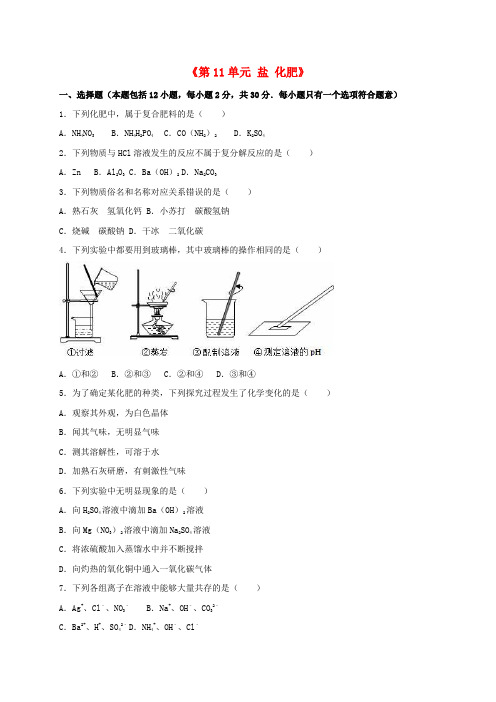 2017年九年级化学下册《第11单元 盐 化肥》单元综合测试(含解析)(新版)新人教版