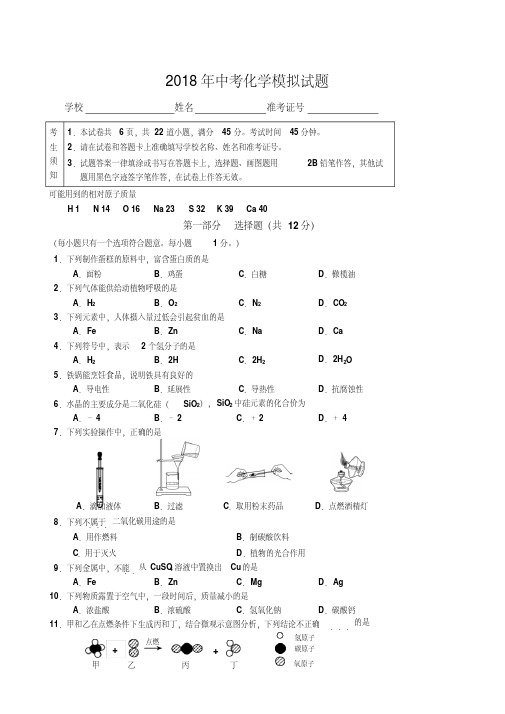 人教版2018年中考化学模拟考试试题及答案