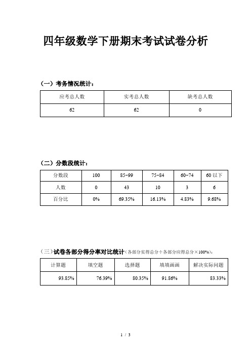 四年级数学下册期末考试试卷分析