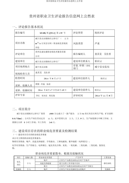 贵州省职业卫生评价报告信息网上公开表